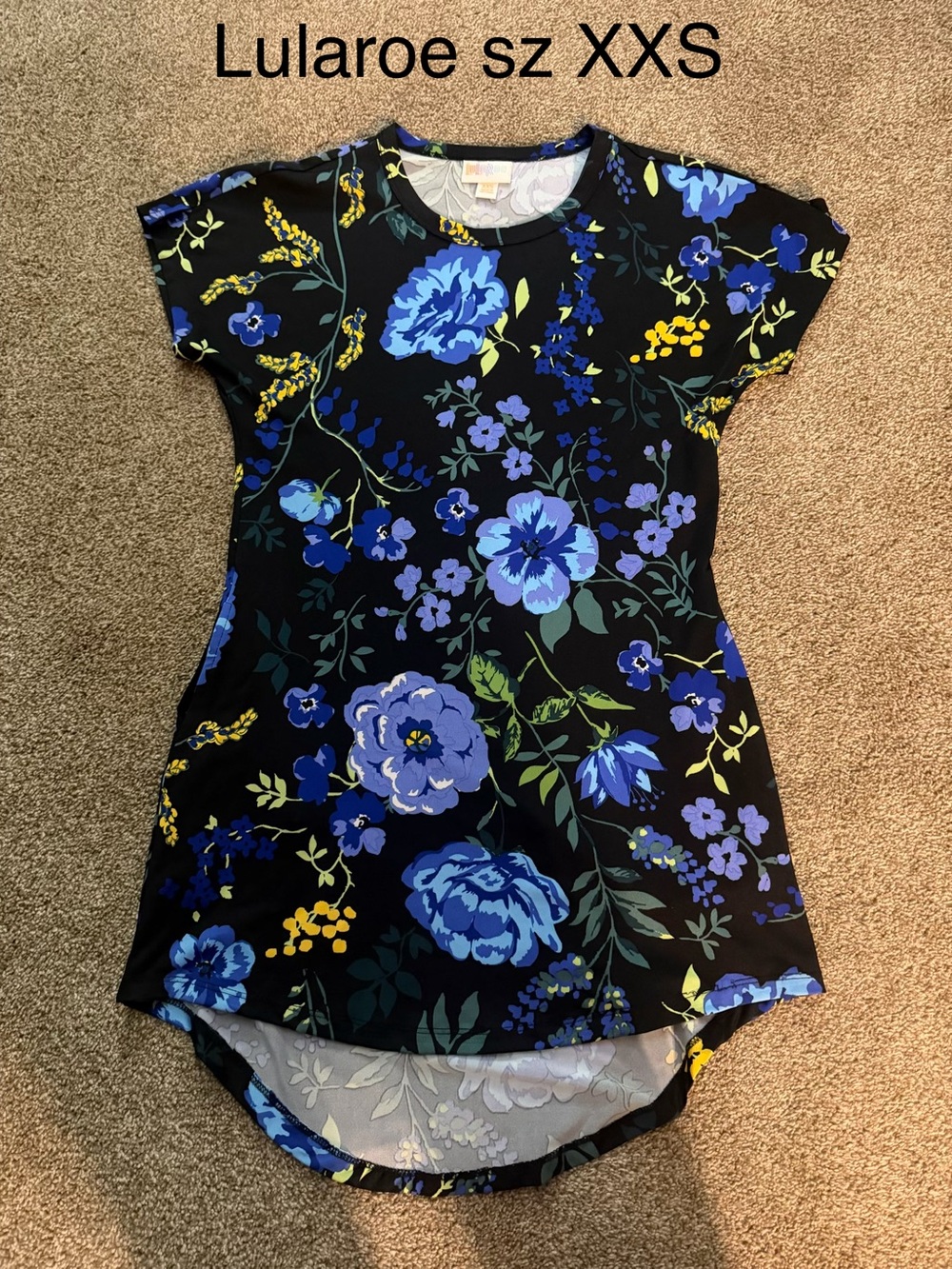 LuLaRoe Black Tunic with Blue, Yellow & Green Floral Print Sz XXS